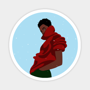 Stylish woman under the snow in a red turtleneck Magnet